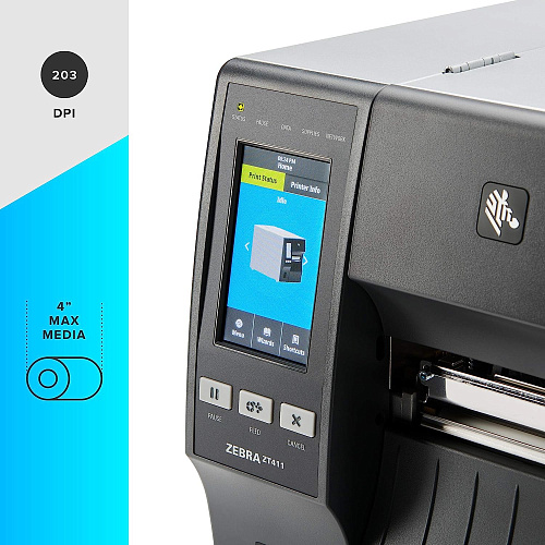 Принтер ZT411; 203 dpi, Serial, USB, Ether, BT, USB Host, ColorTouchDisplay,RFID